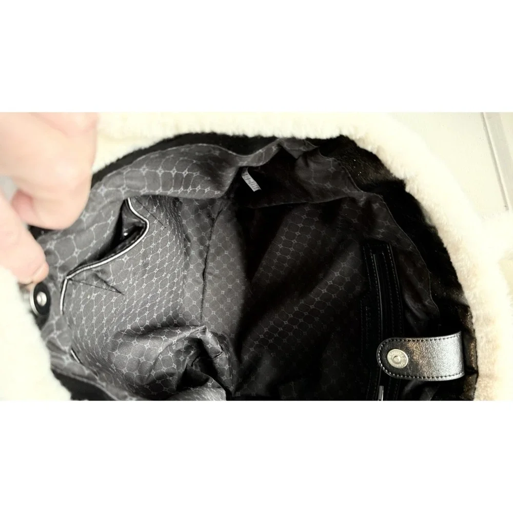 BCBGeneration Tote Black Faux Leather with White Faux Fur Trim 14x18